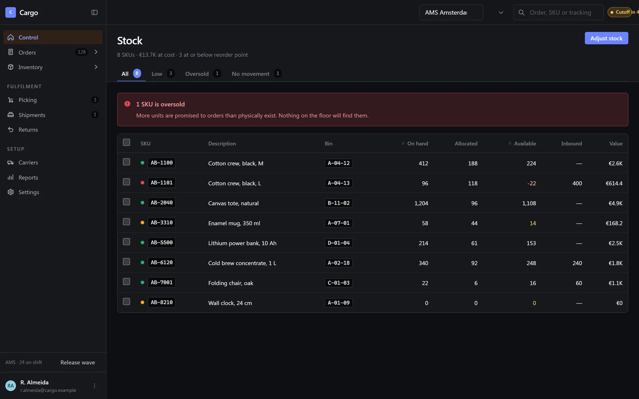 Cargo, running. A real screen from the product, not an illustration.